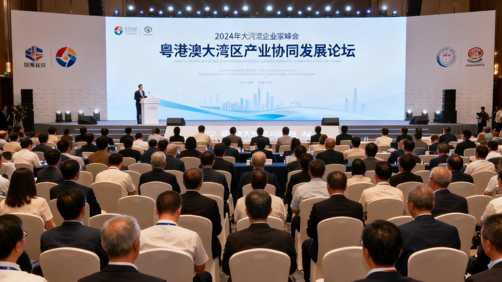 2024年大湾区企业家峰会现场，主舞台大屏幕显示'粤港澳大湾区产业协同发展论坛'字样，台下数百位企业家正在聆听演讲。