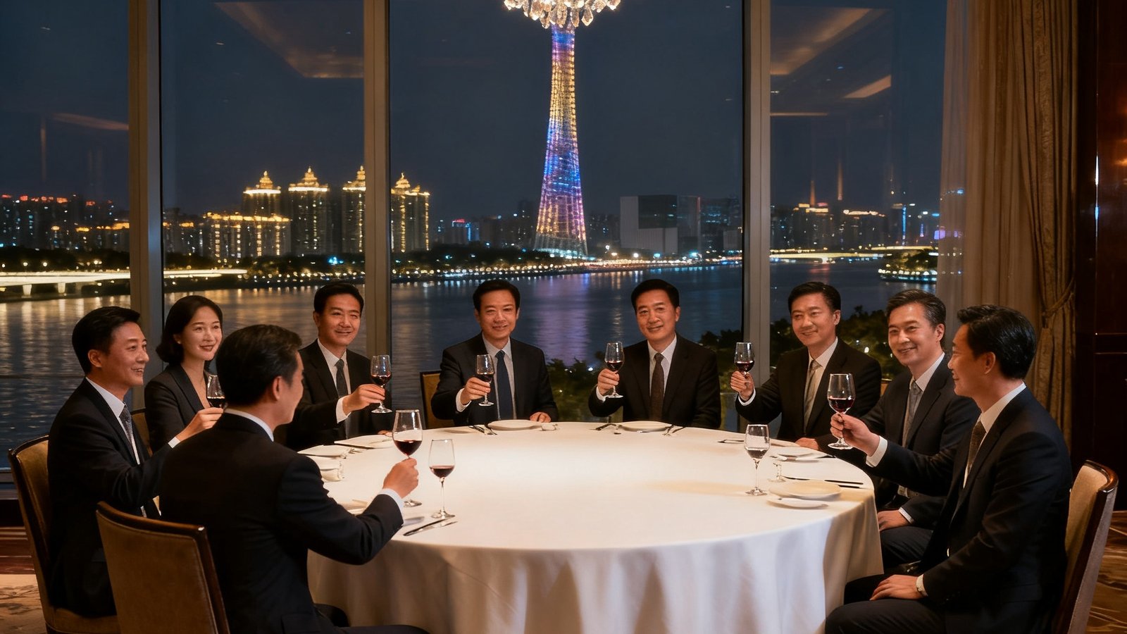 珠江边五星级酒店宴会厅内正在举办高端企业家圆桌晚宴，圆桌铺着白色桌布，水晶吊灯下企业家们举杯交流，背景可见广州塔夜景。