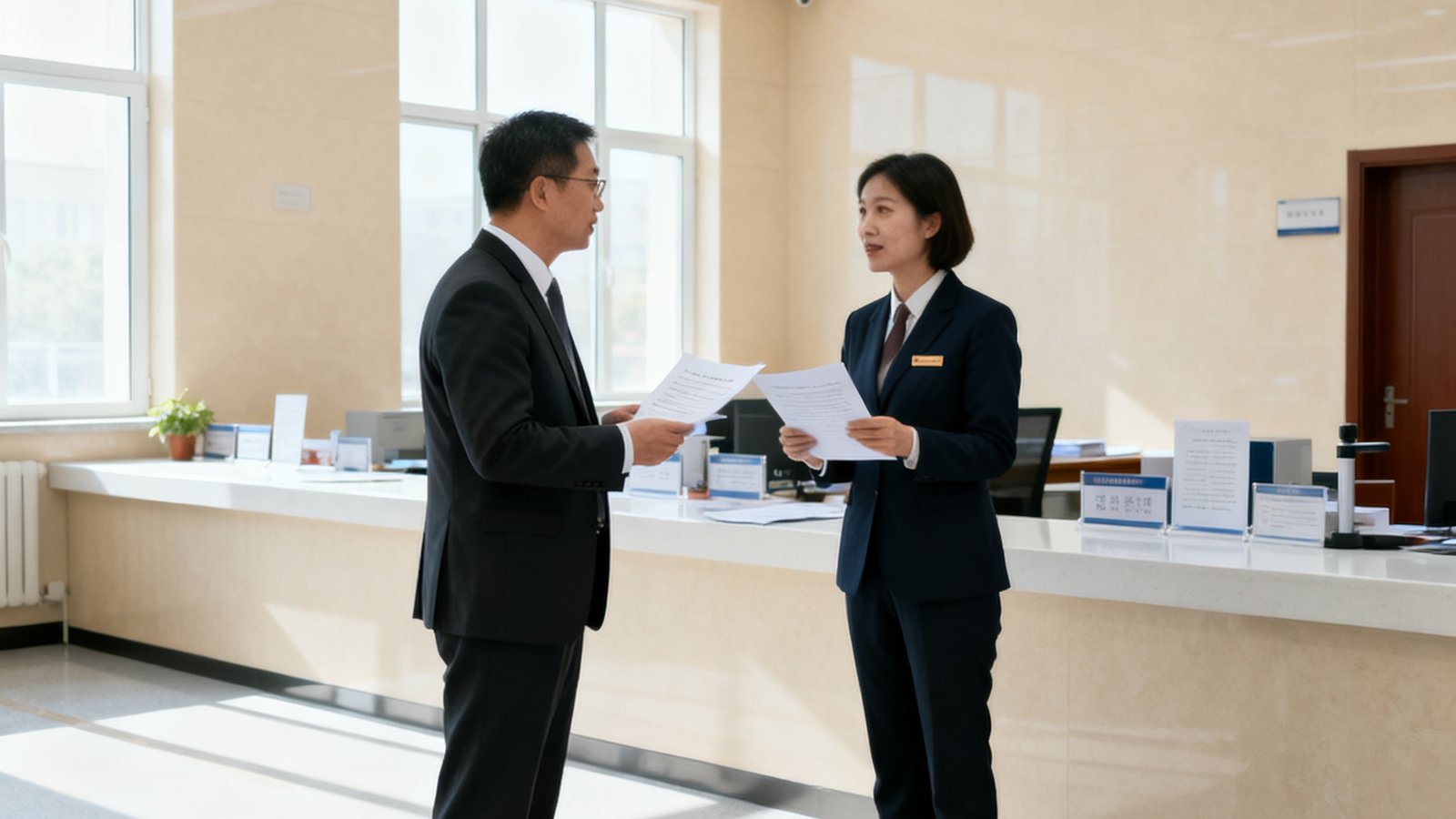 公海贵宾会政务顾问陪同企业家在政府服务大厅办理业务，顾问手持文件正在向企业家讲解政策要点，大厅明亮整洁。