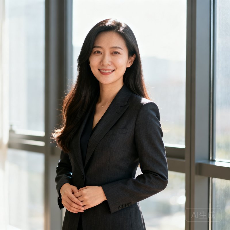 公海贵宾会商务总监林晓雯的职业形象照，她身着深色西装，长发披肩，站在落地窗前自然光线下，气质专业而亲和。