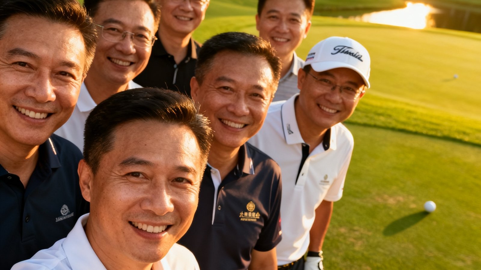 深圳观澜湖高尔夫球场，公海贵宾会主办的湾区企业家高尔夫邀请赛结束后，参赛企业家们在果岭旁合影留念，阳光明媚众人笑容满面。